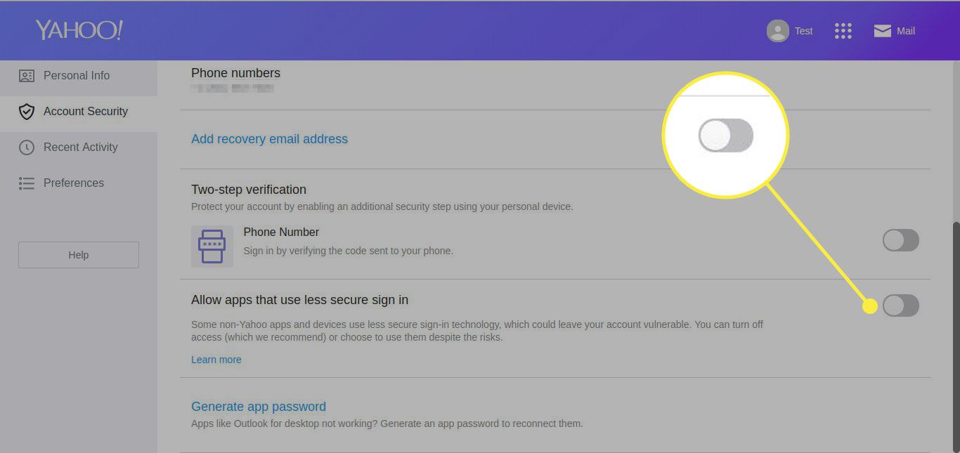 Uma captura de tela das configurações de segurança do Yahoo Mail com a opção "Permitir aplicativos que usam login menos seguro" destacada