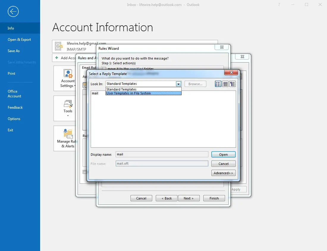 Outlook 2016 Selecione uma janela de modelo de resposta com o item suspenso "Modelos de usuário no sistema de arquivos" selecionado