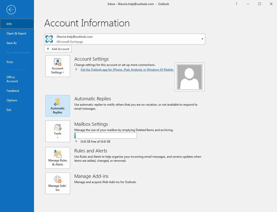 Tela de informações do Outlook 2016 com respostas automáticas selecionadas