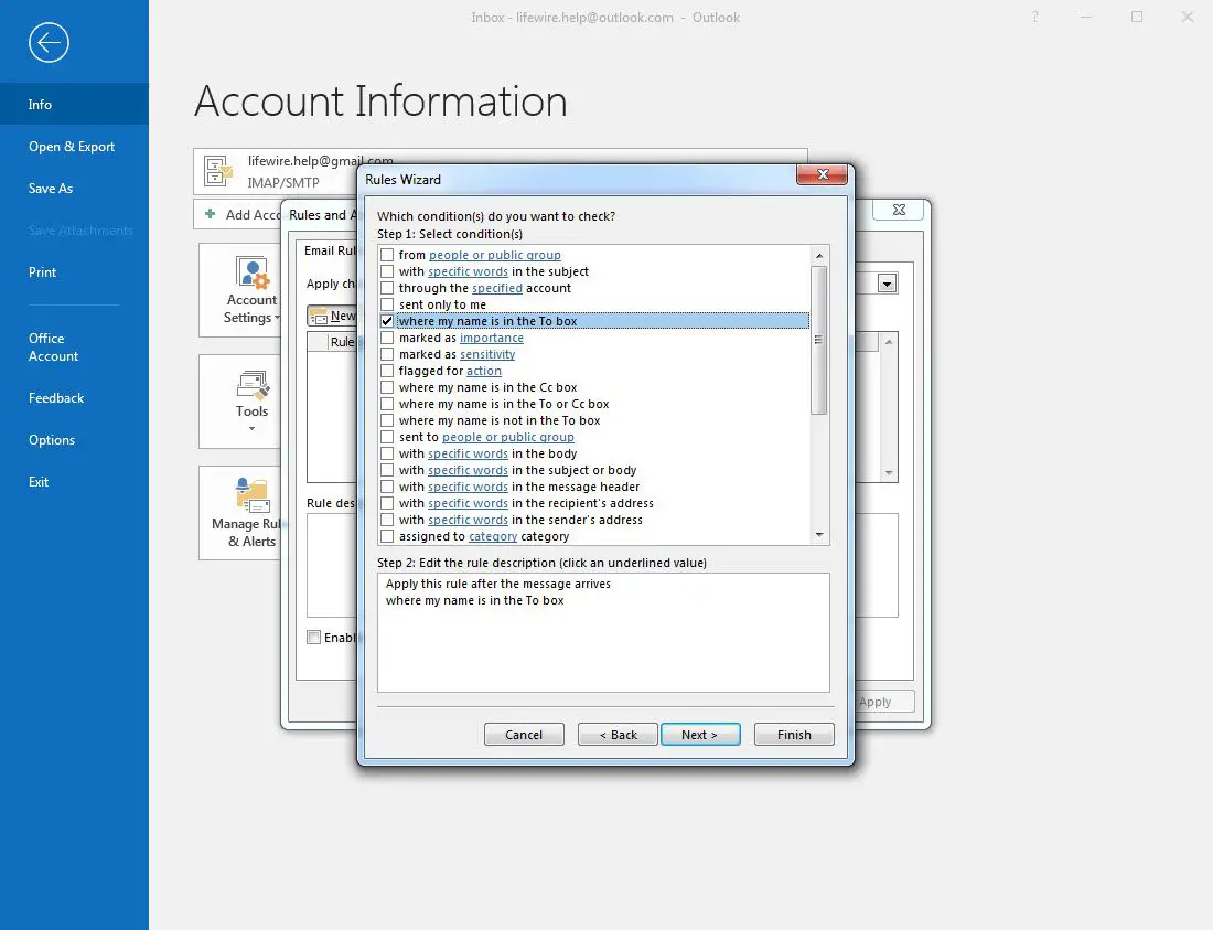 Assistente de regras do Outlook 2016, etapa 1 com a condição "Onde meu nome está na caixa Para ou Cc" selecionada