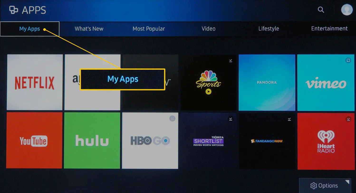 Tela My Apps da Samsung Smart TV