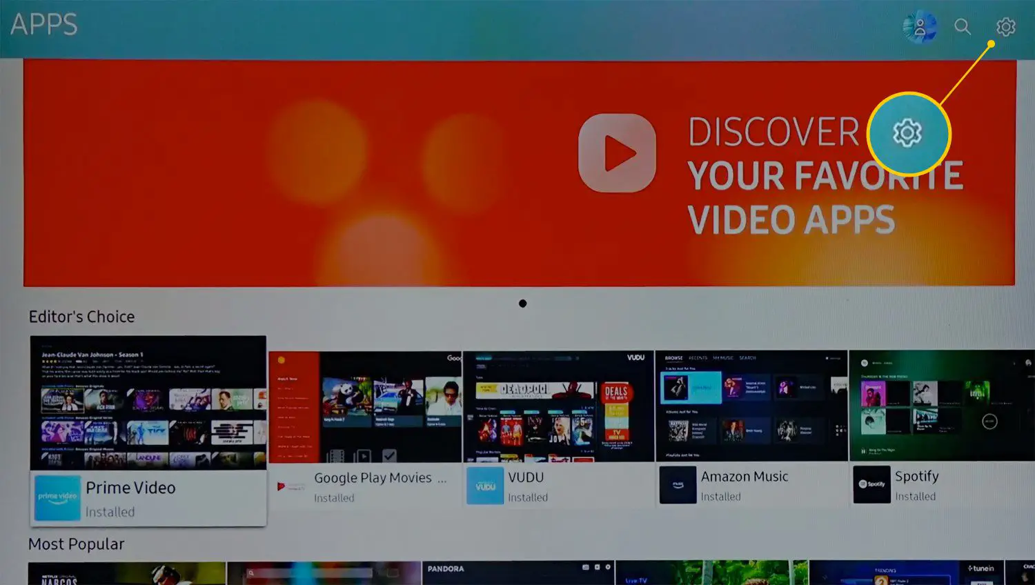 Ícone de configurações de aplicativos da TV Samsung no canto superior direito