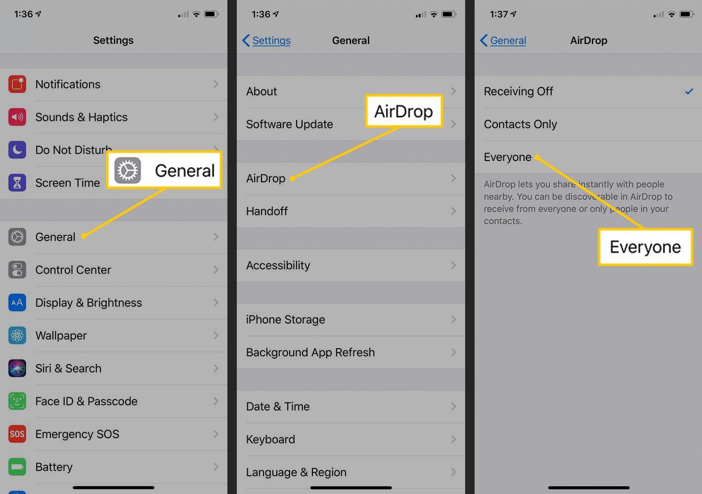 Opções gerais, AirDrop, Todos nas configurações do iOS