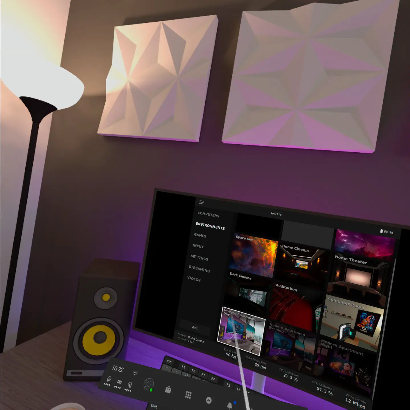 Captura de tela de um escritório virtual no aplicativo Virtual Desktop para Oculus 2.