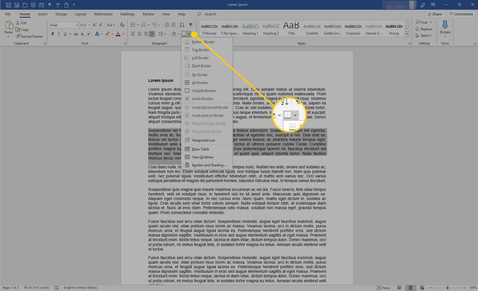 Microsoft Word com o menu Bordas destacado