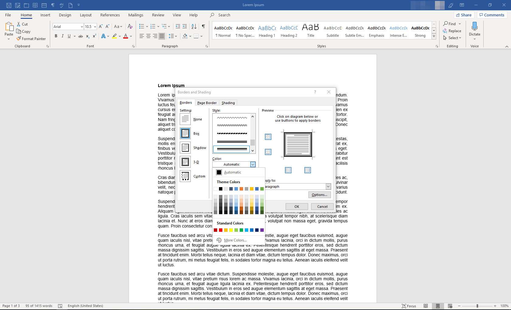 Caixa de diálogo Microsoft Word com Bordas e Sombreamento exibida