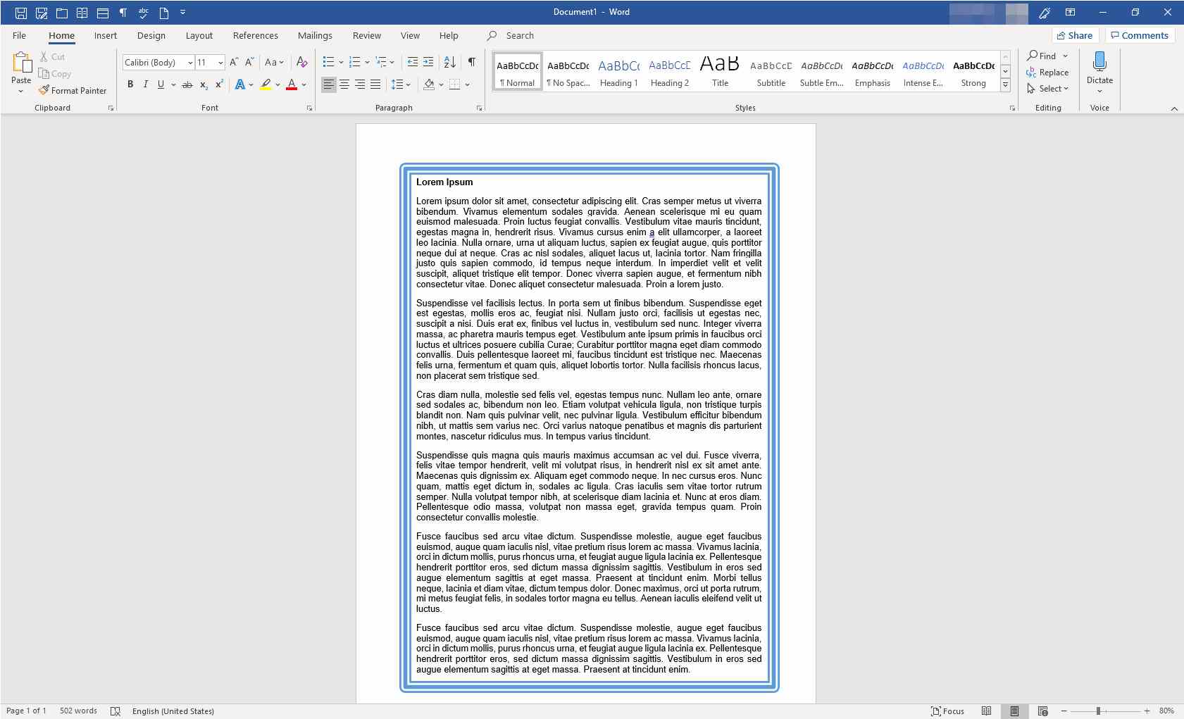 Microsoft Word com texto e borda aplicados a uma página