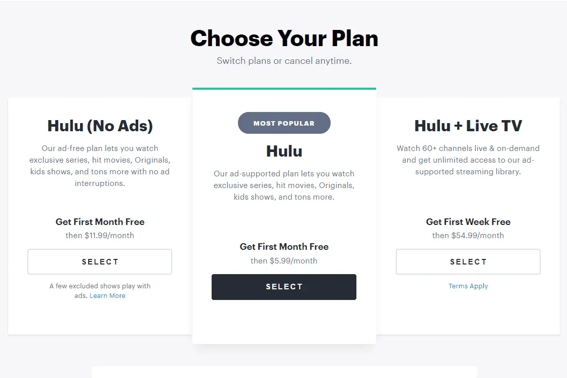 Página Escolha o Seu Plano do Hulu