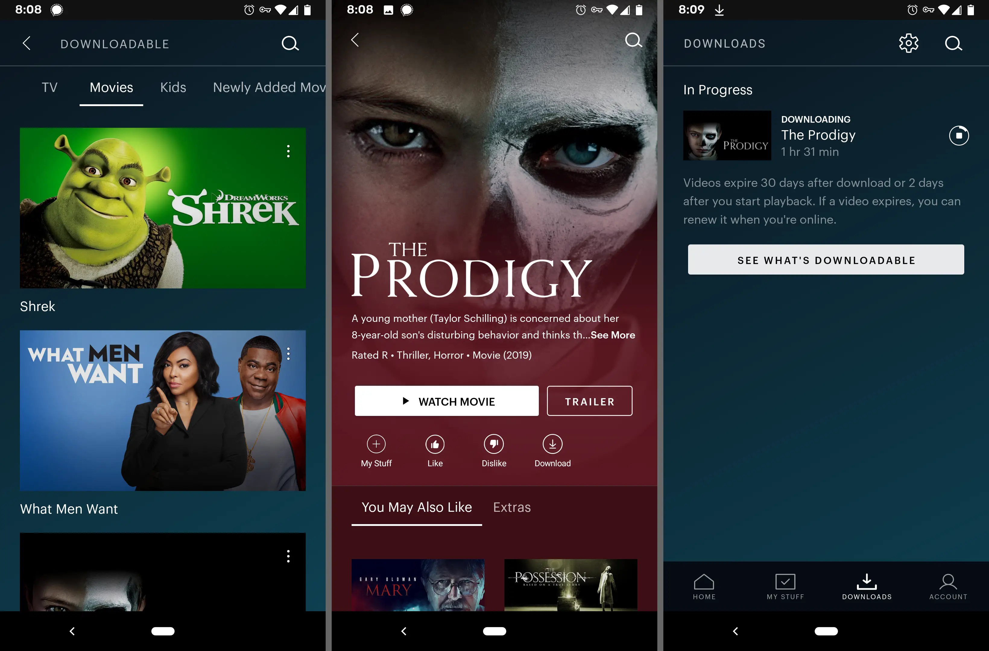 Aplicativo Hulu fazendo download de um filme no Android