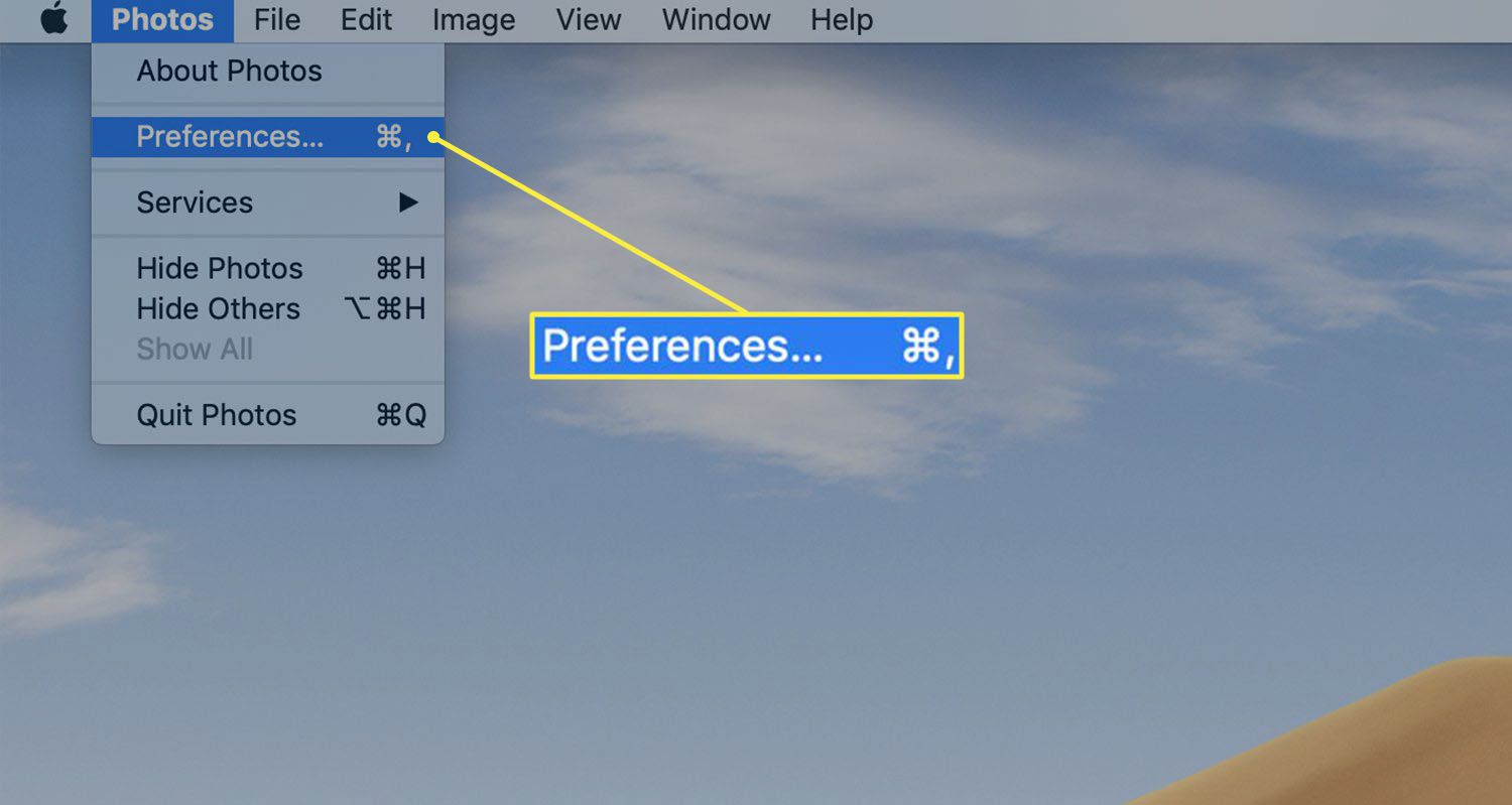Caminho para preferências de fotos em um Mac