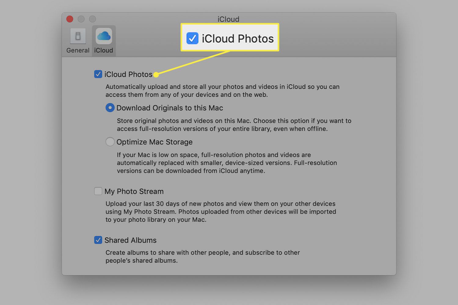 As preferências de fotos do iCloud em um Mac