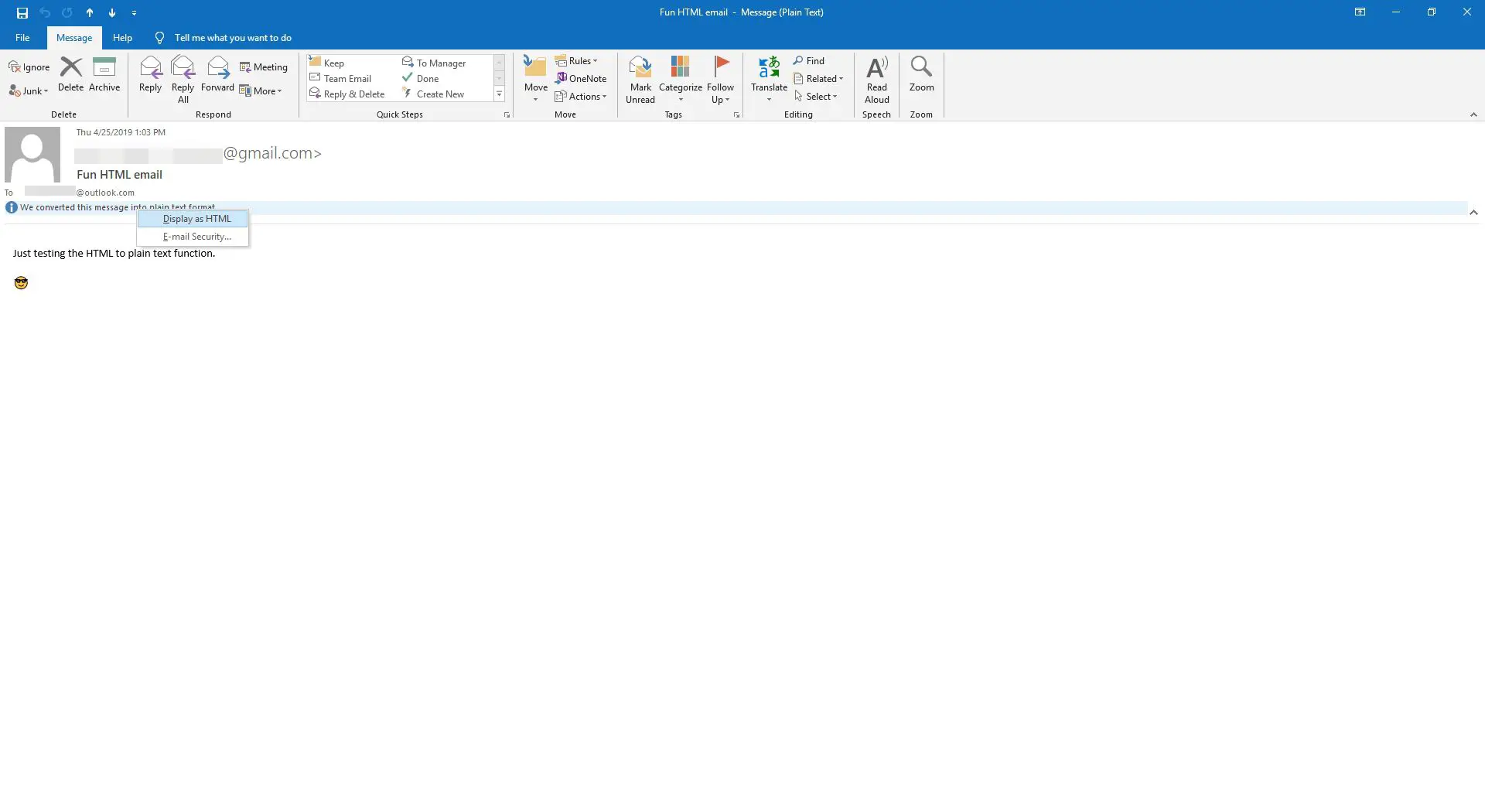 Visualizando um e-mail como HTML no Outlook.