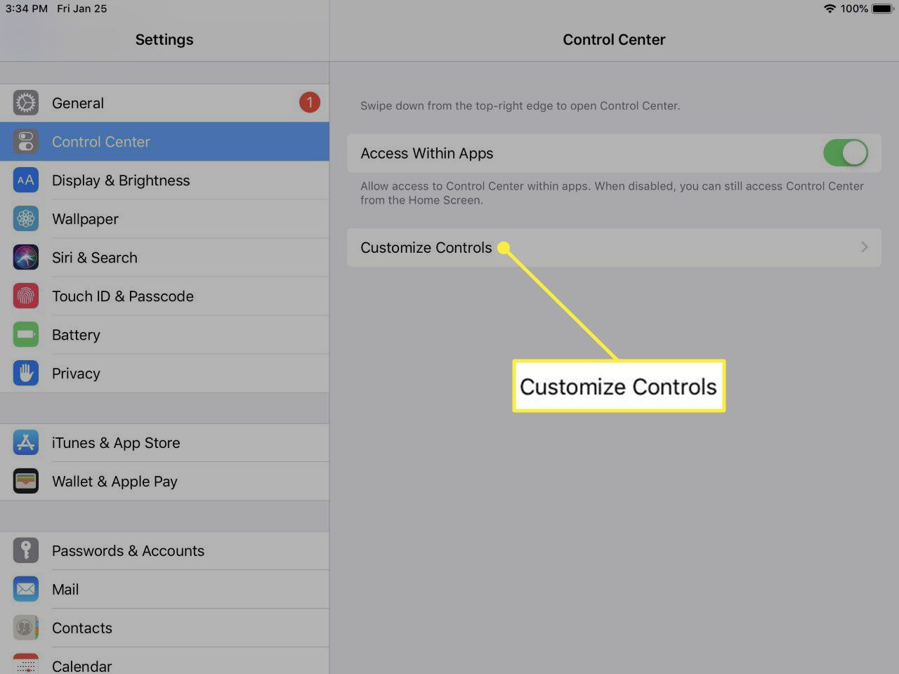 a tela principal de configurações do iOS Control Center.