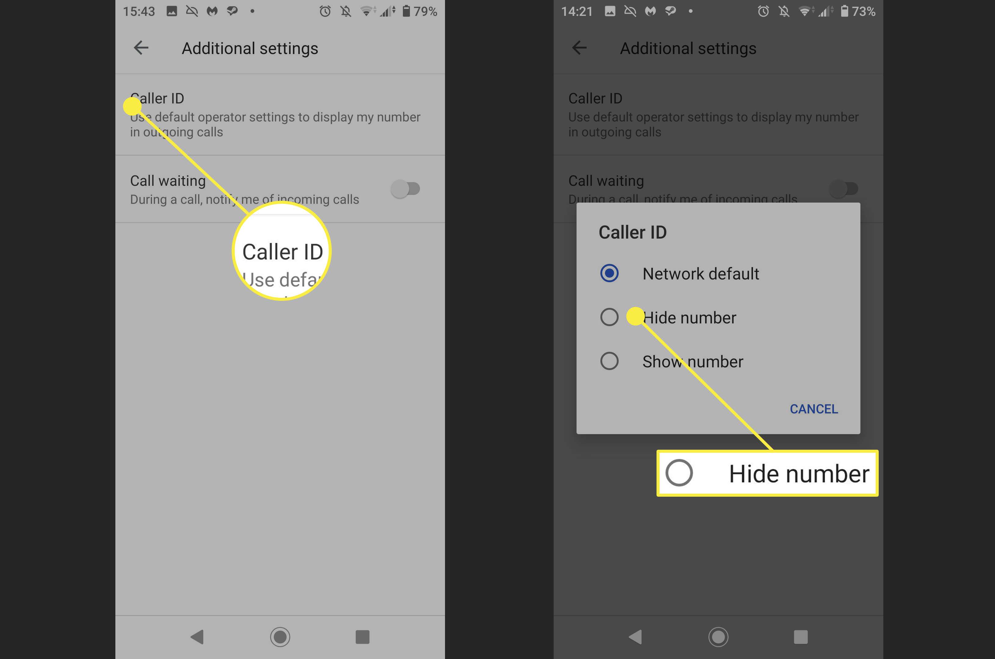 Capturas de tela de onde encontrar a opção de ocultar seu número de telefone em um telefone Android.