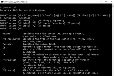 Captura de tela do comando de formatação no prompt de comando do Windows 10