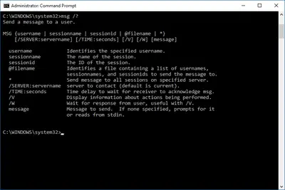 Captura de tela do comando de ajuda do MSG no Windows 10