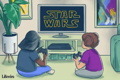 Duas crianças jogando videogame Star Wars em um PlayStation 3, uma com um capacete de Darth Vader e a outra com coques de cabelo da Princesa Leia