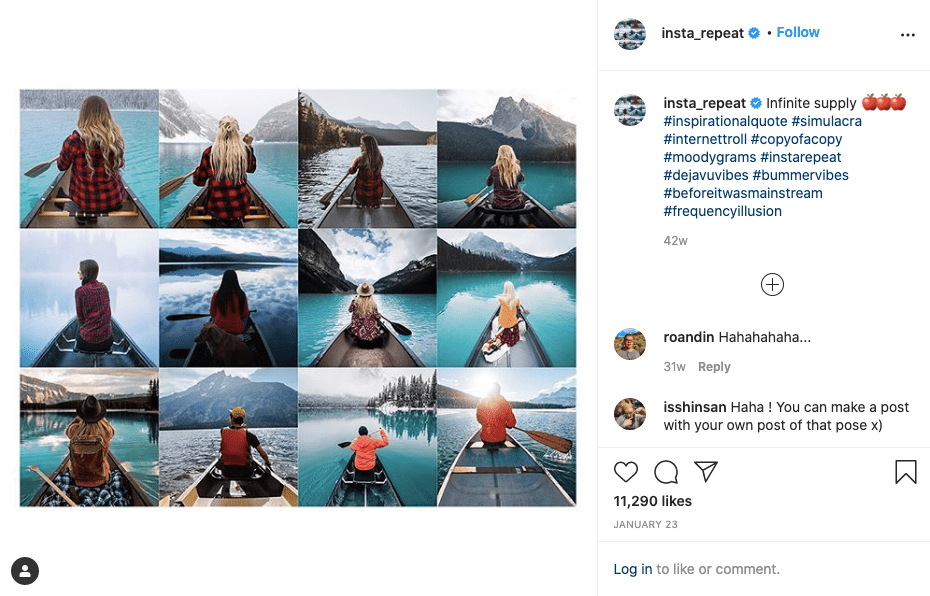 A conta Insta_repeat do Instagram mostrando 12 imagens de pessoas em barcos de costas para o mar