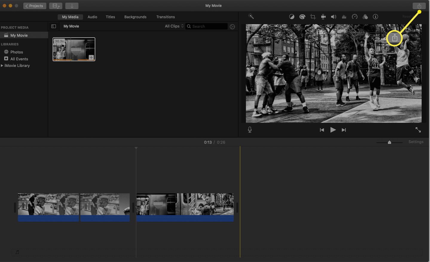 Projeto iMovie com o ícone de compartilhamento realçado.