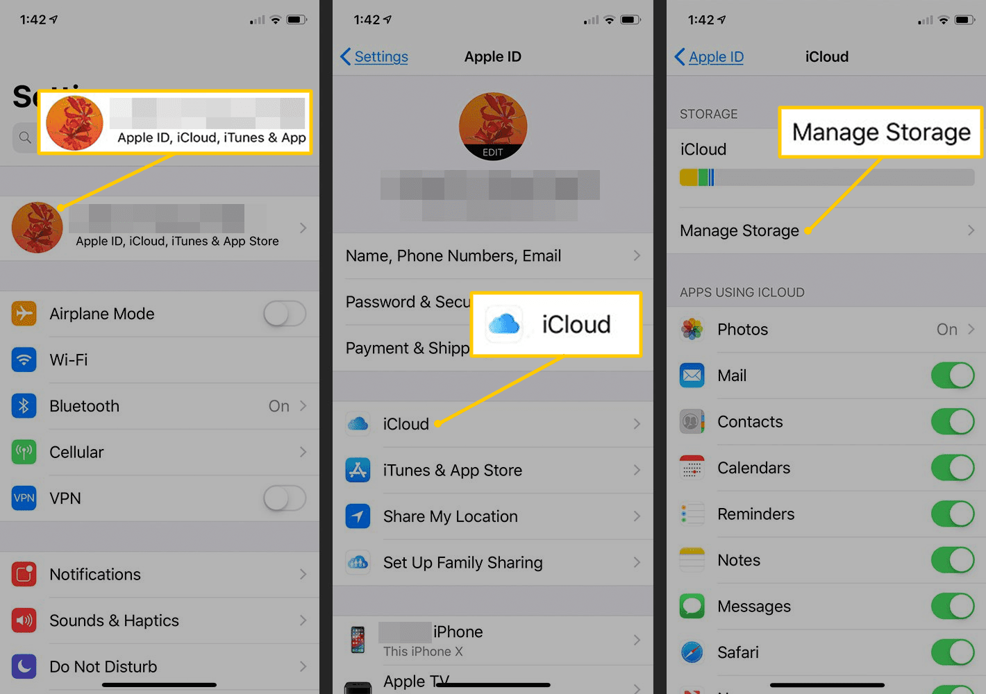 APple ID, iCloud, botões de gerenciamento de armazenamento nas configurações do iOS
