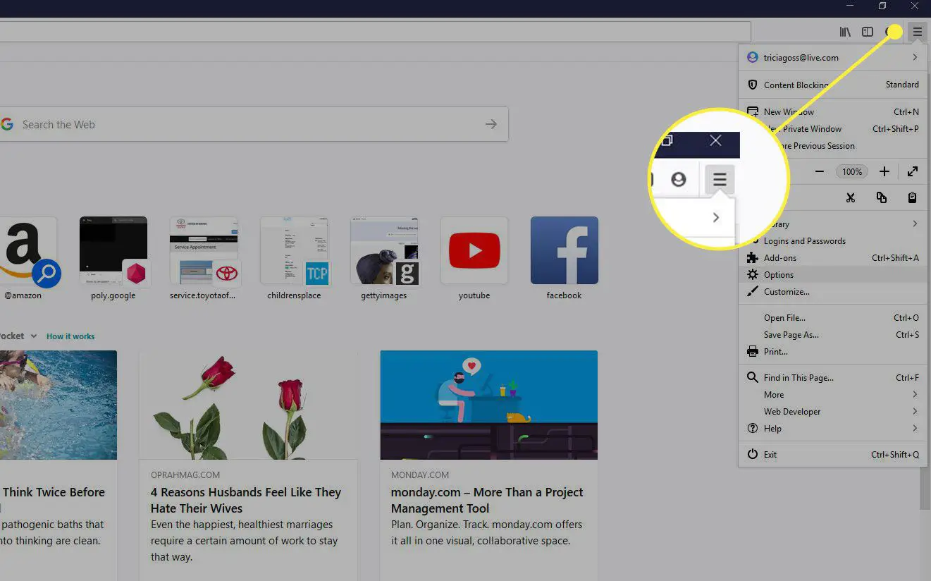 Uma captura de tela do Firefox com o menu Mais destacado