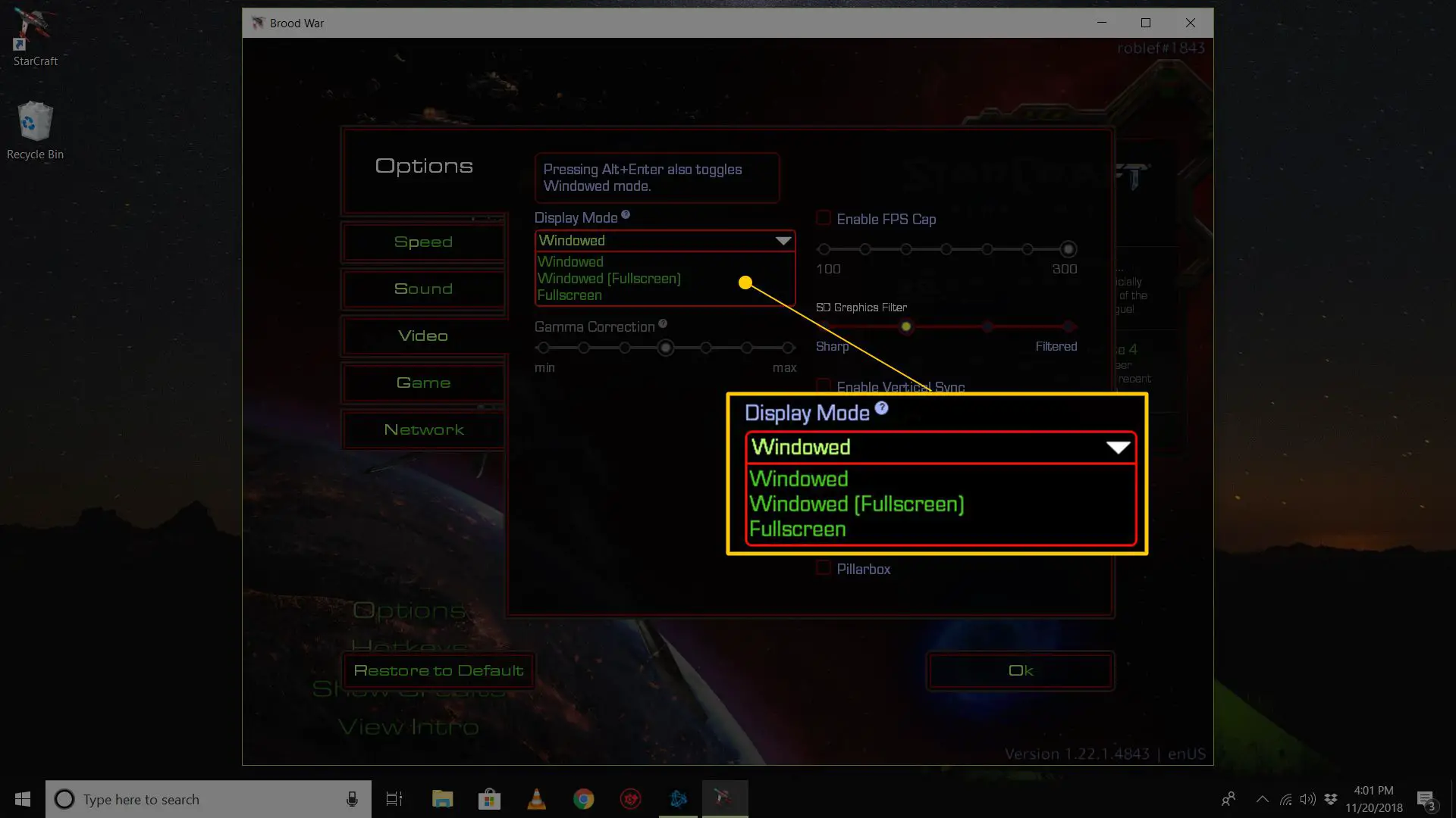 Configurações do modo de janela no Starcraft no Windows