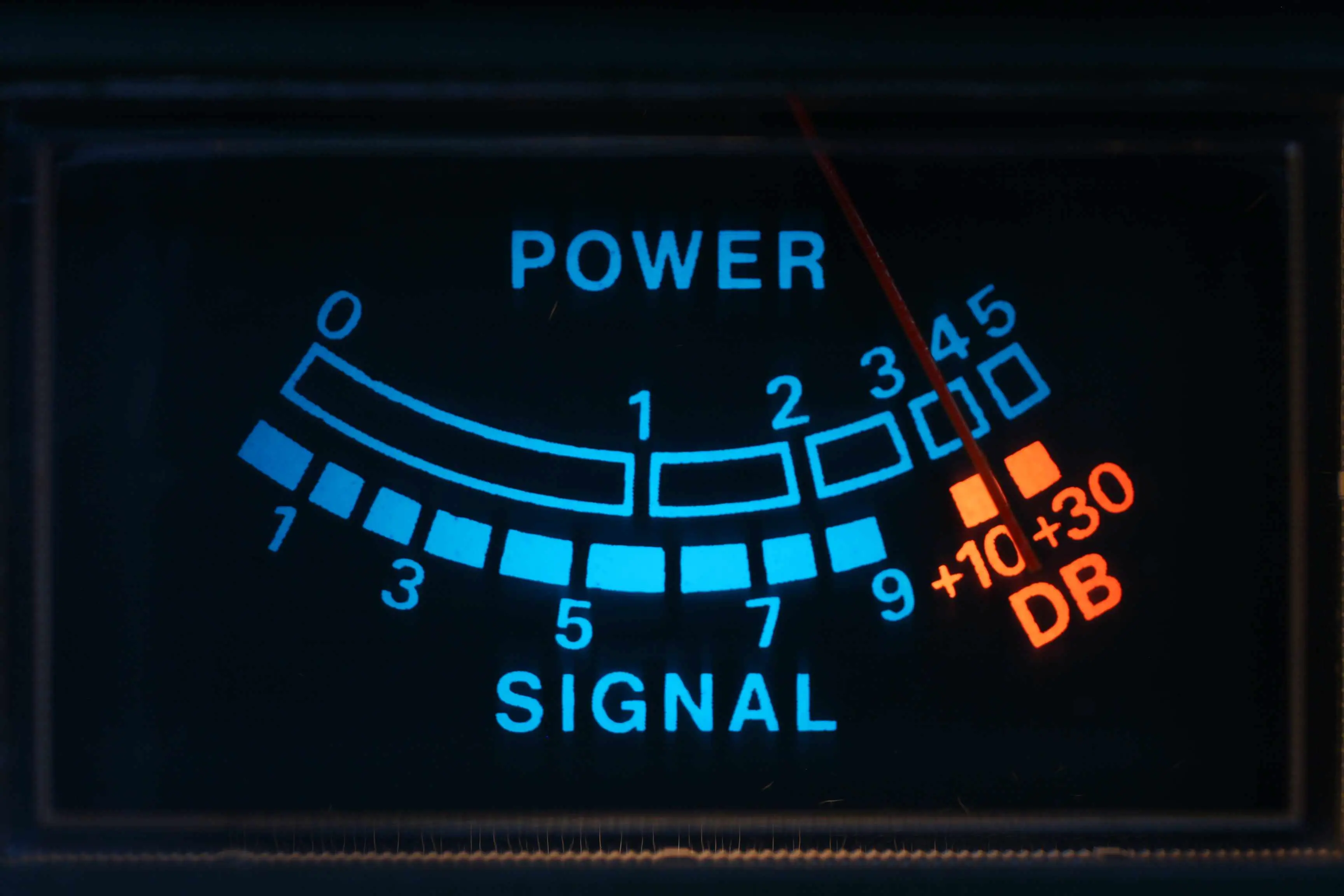 Um medidor de intensidade de sinal mostrando a potência de entrada e decibéis de saída