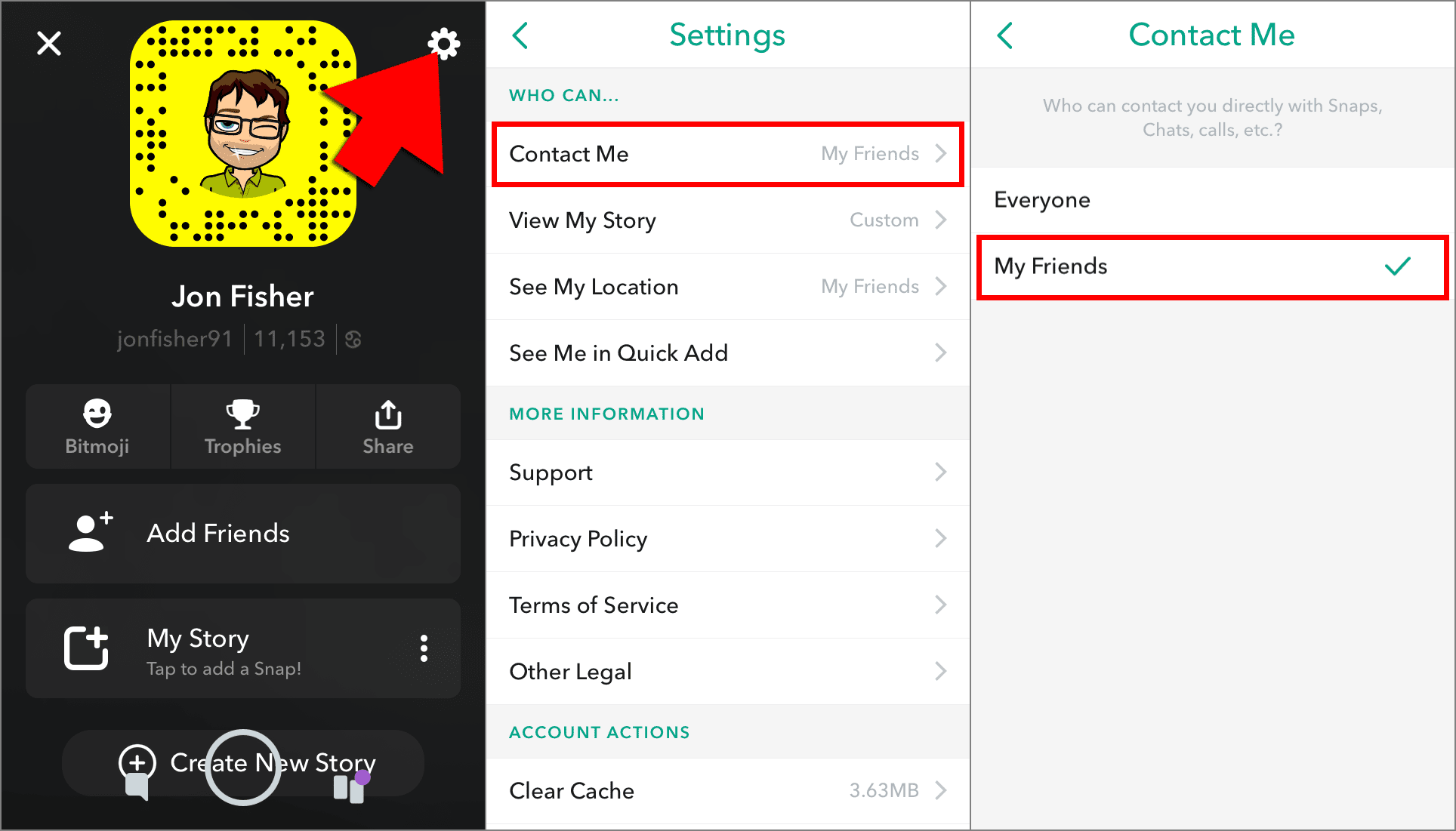 Ícone de configuração, tela de configurações e tela de contato no Snapchat