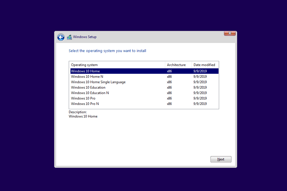 Tela de instalação do Windows com uma lista das versões do Windows 10
