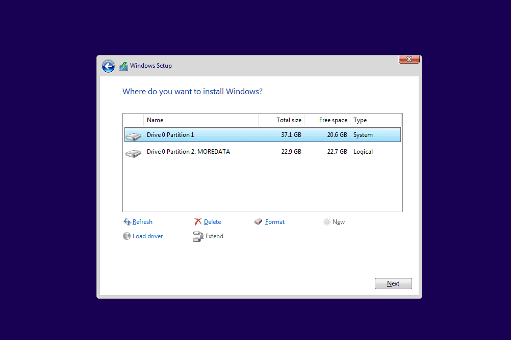 Opções de unidade de formato de disco da instalação do Windows
