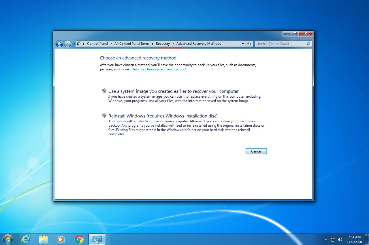 Opção de restauração de imagem do sistema Windows 7