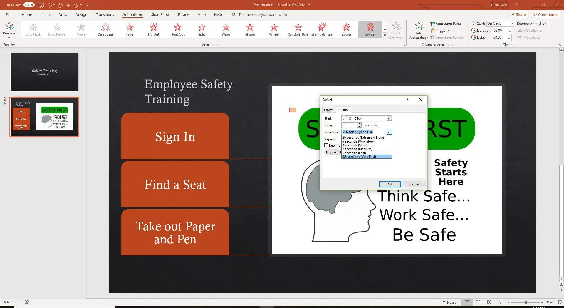 Uma captura de tela do PowerPoint mostrando a lista suspensa Duração na caixa de diálogo Opções de efeito.