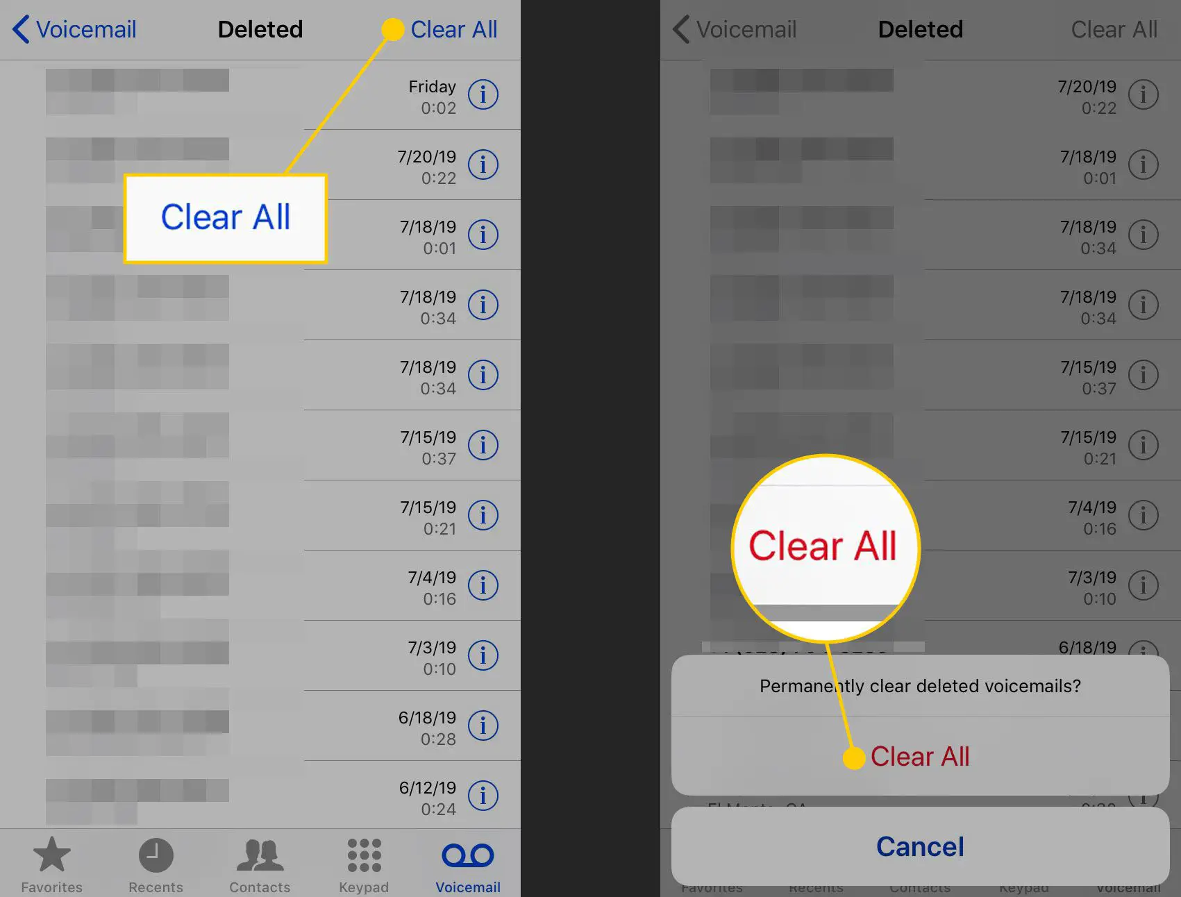Limpando todos os correios de voz excluídos em um iPhone com o comando Limpar tudo e a confirmação destacados