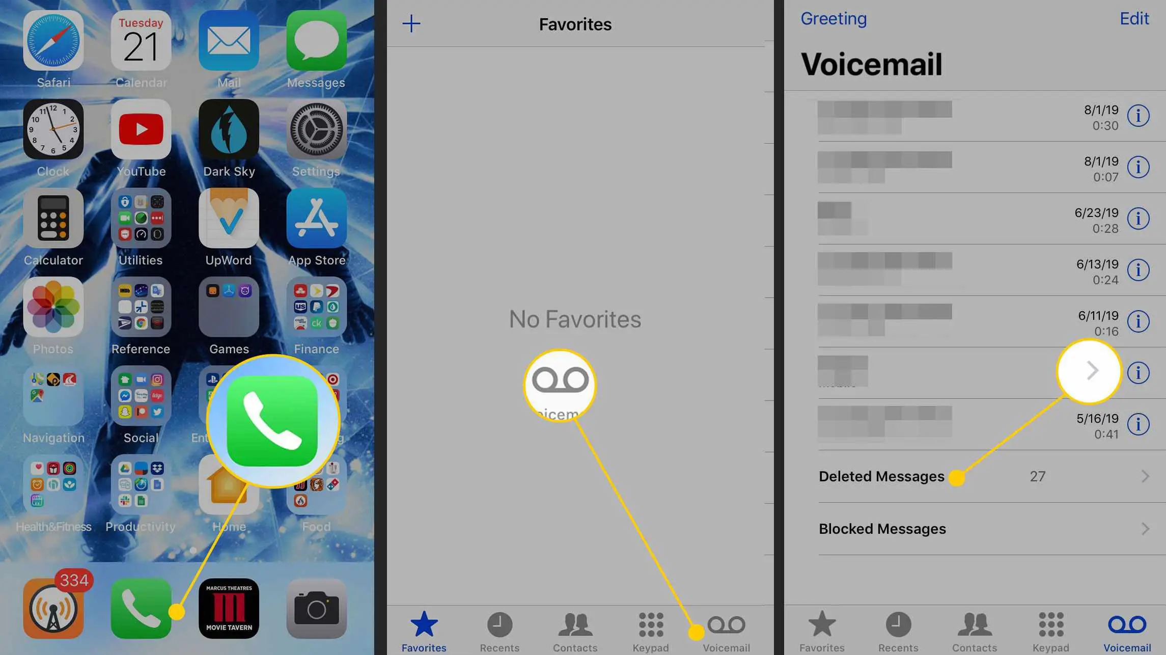 Ícone do telefone, tela de favoritos e pasta Mensagens de correio de voz excluídas em um iPhone