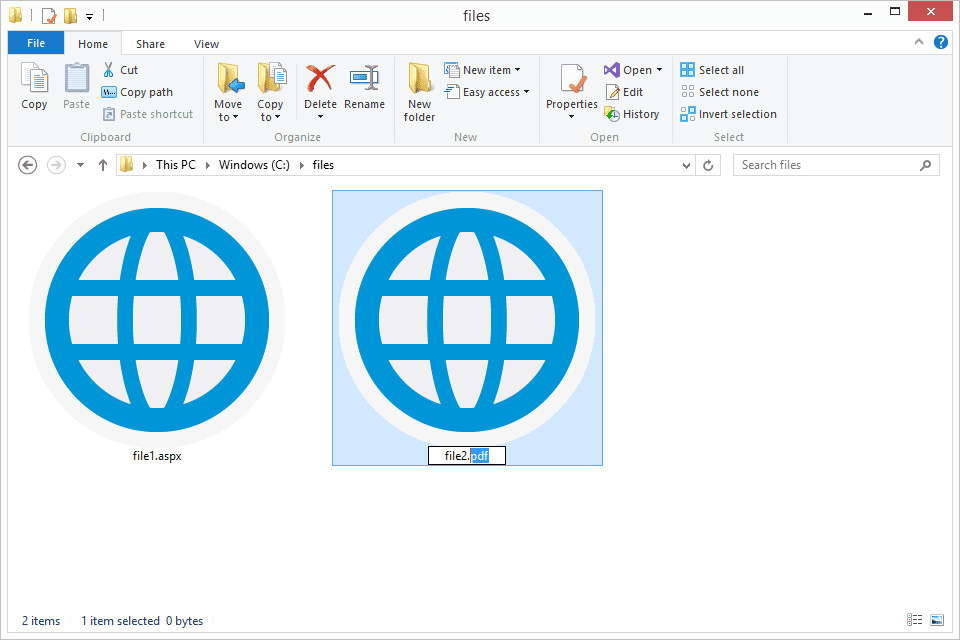 Captura de tela mostrando como alterar a extensão de um arquivo ASPX para PDF