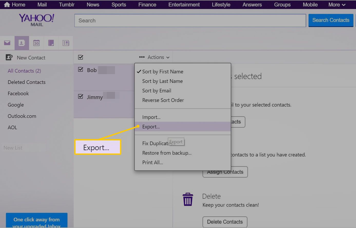 Exportar item de menu no menu Ações do Yahoo Mail