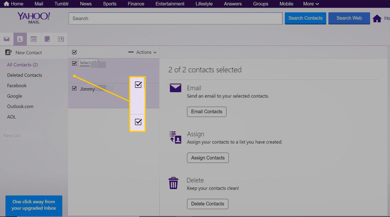 Caixas de seleção para selecionar contatos no Yahoo Mail