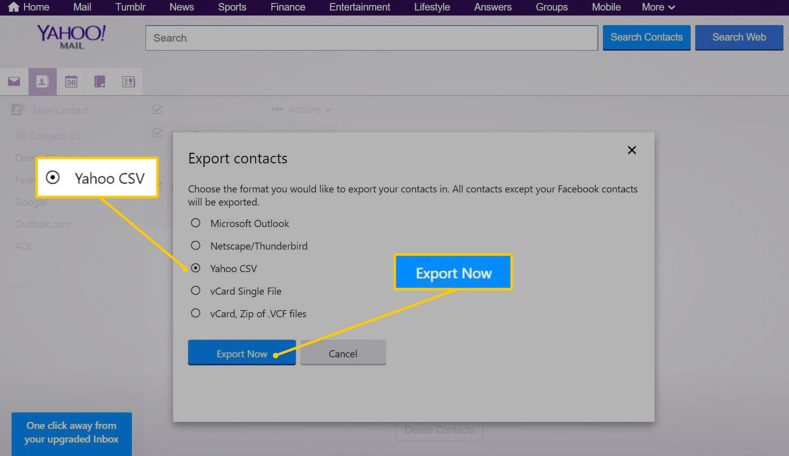 Yahoo CSV, botões Exportar agora no Yahoo Mail