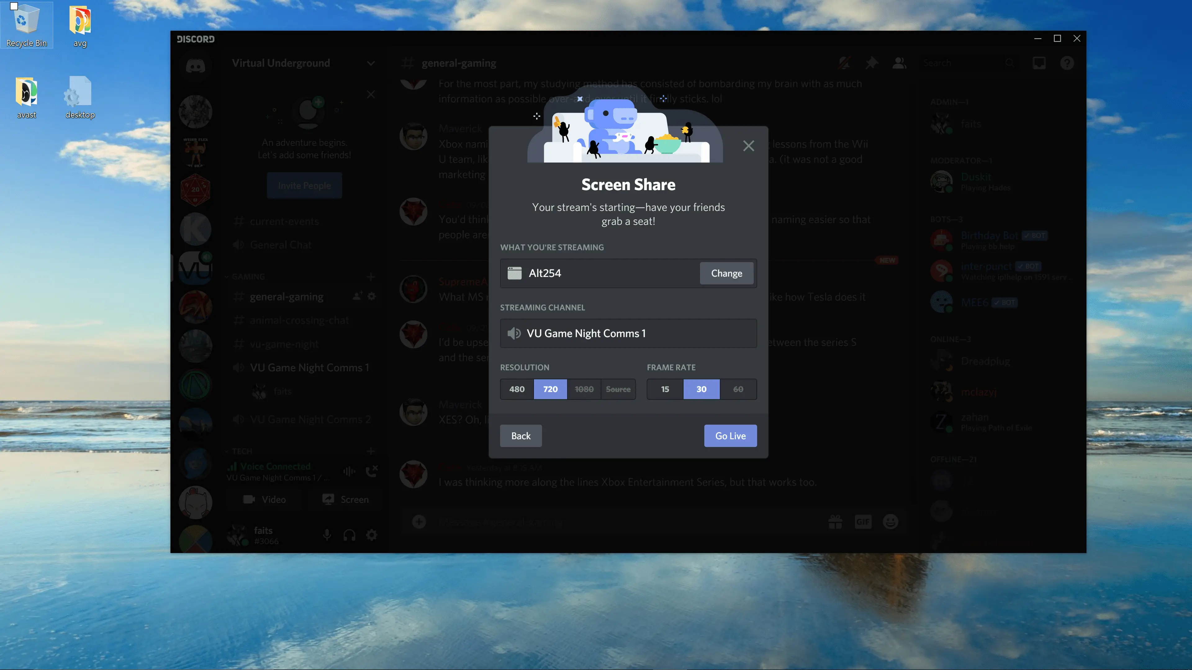 Uma captura de tela das opções de compartilhamento de tela do Discord.