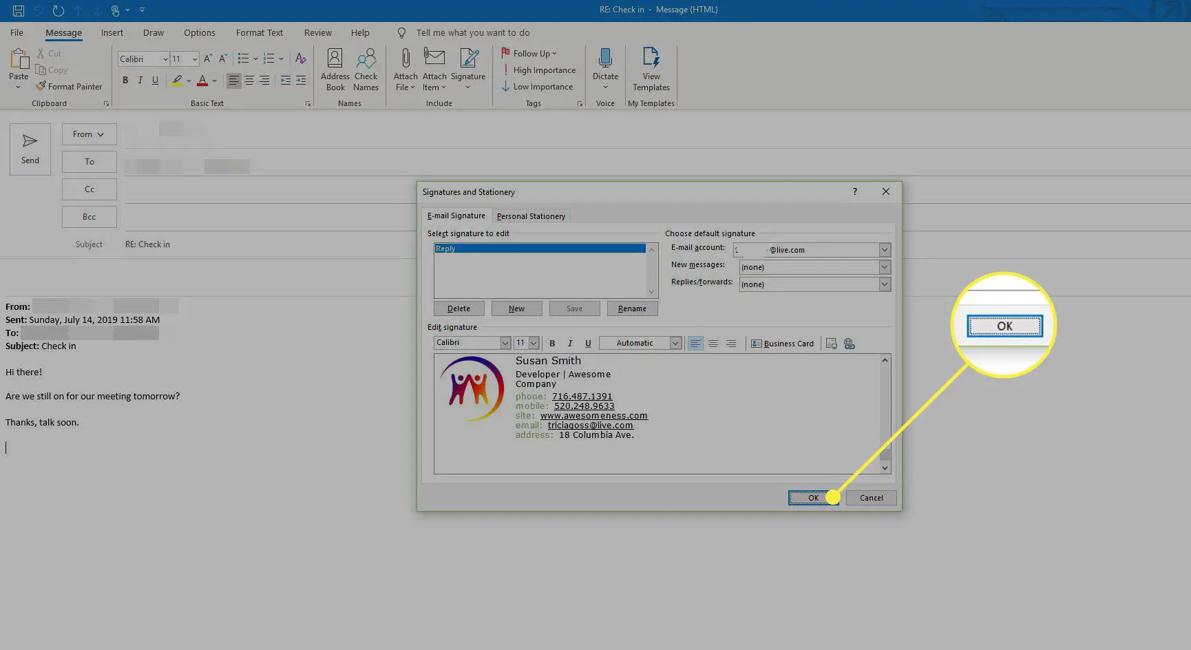 Uma captura de tela da janela Assinaturas e papel de carta do Outlook com o botão OK destacado