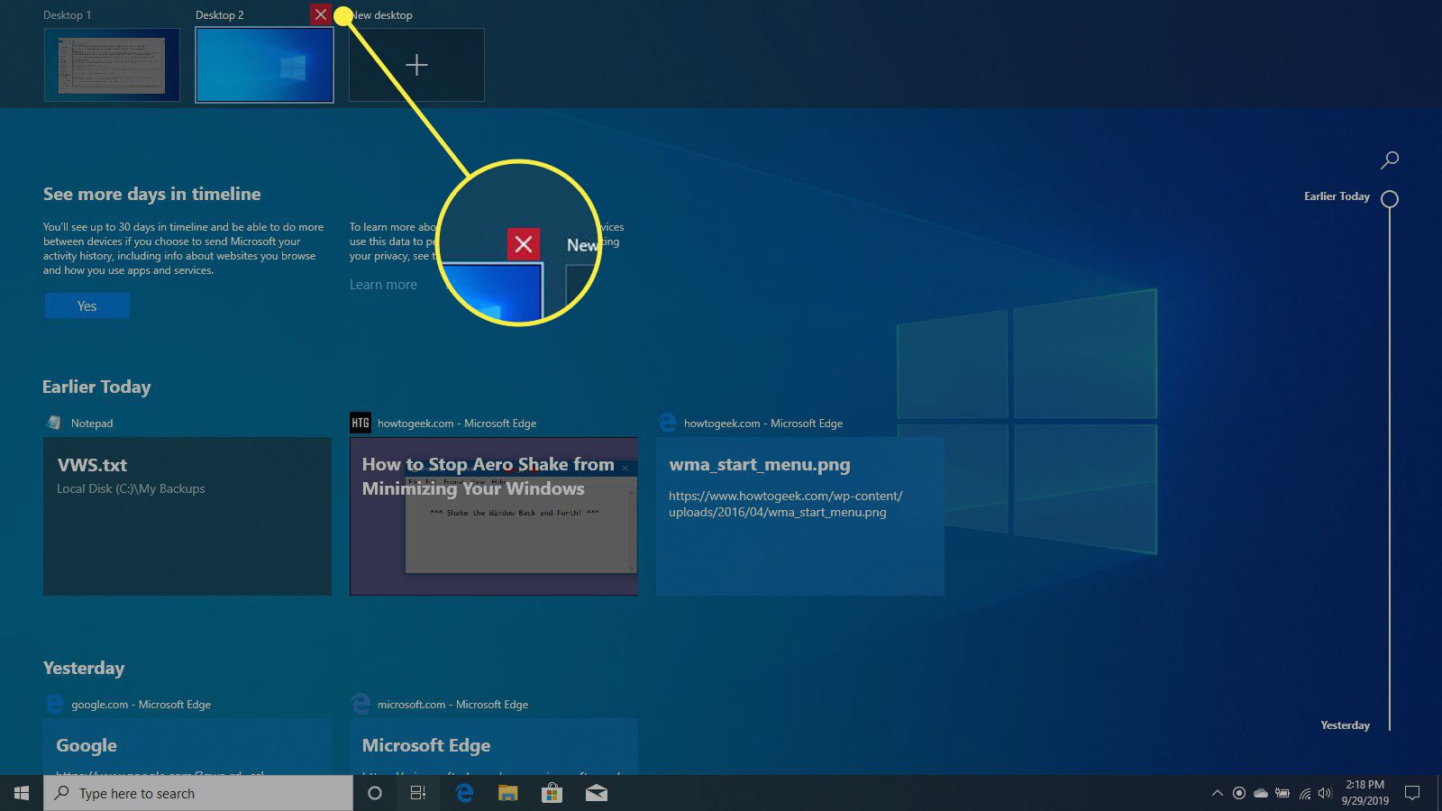 O botão Fechar área de trabalho no Windows 10