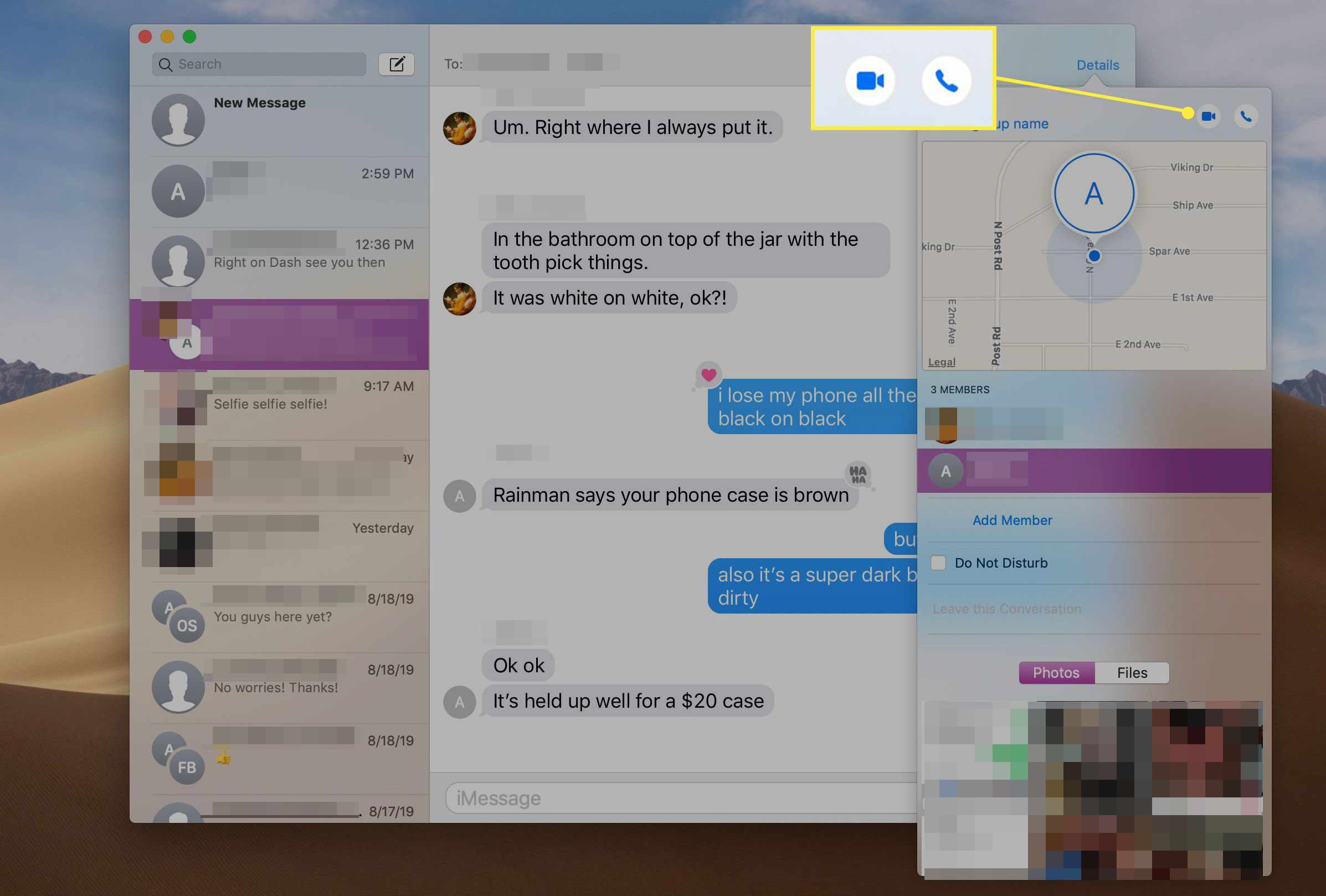 O aplicativo Mensagens para macOS com os botões de chamada na tela Detalhes destacados