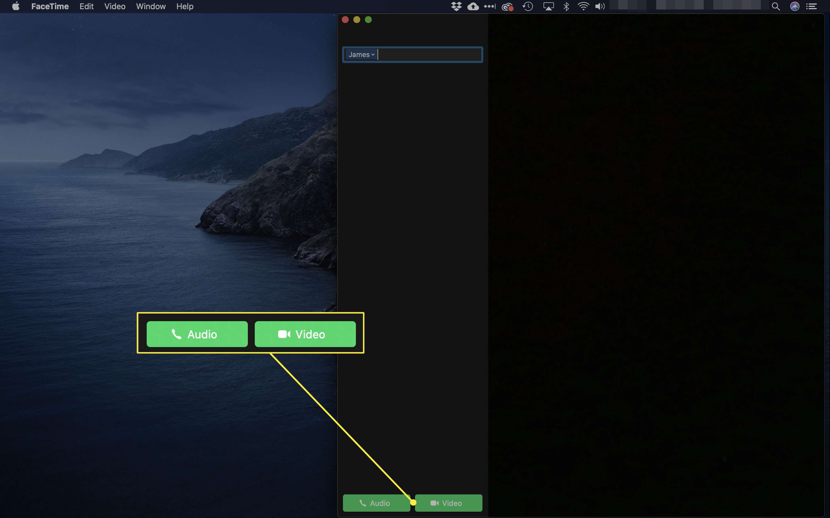 O aplicativo FaceTime para macOS com os botões Audio e Video Call destacados