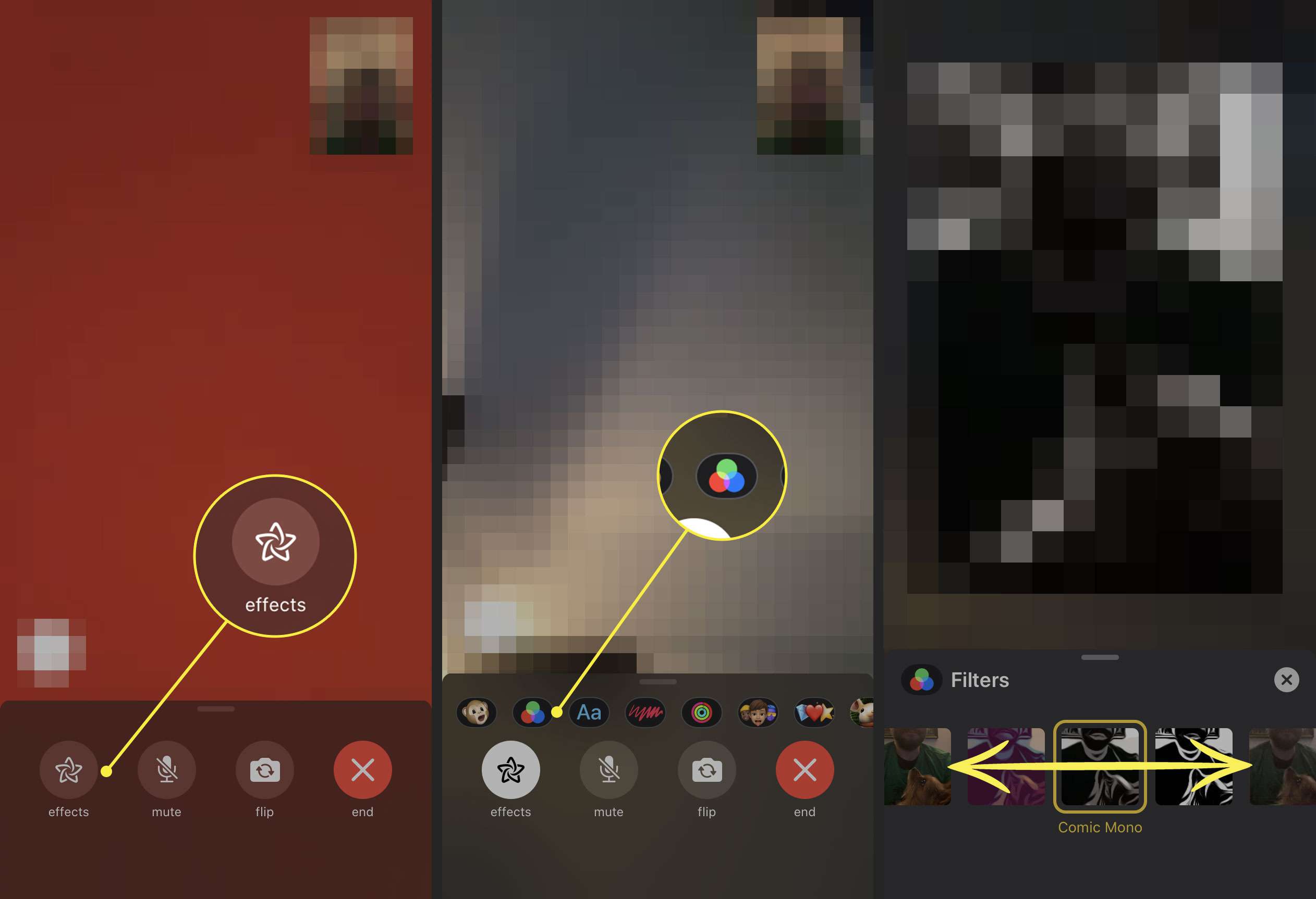 Uma chamada do FaceTime em um iPhone com os botões Efeitos e Filtros destacados e uma seta indicando a passagem por diferentes opções