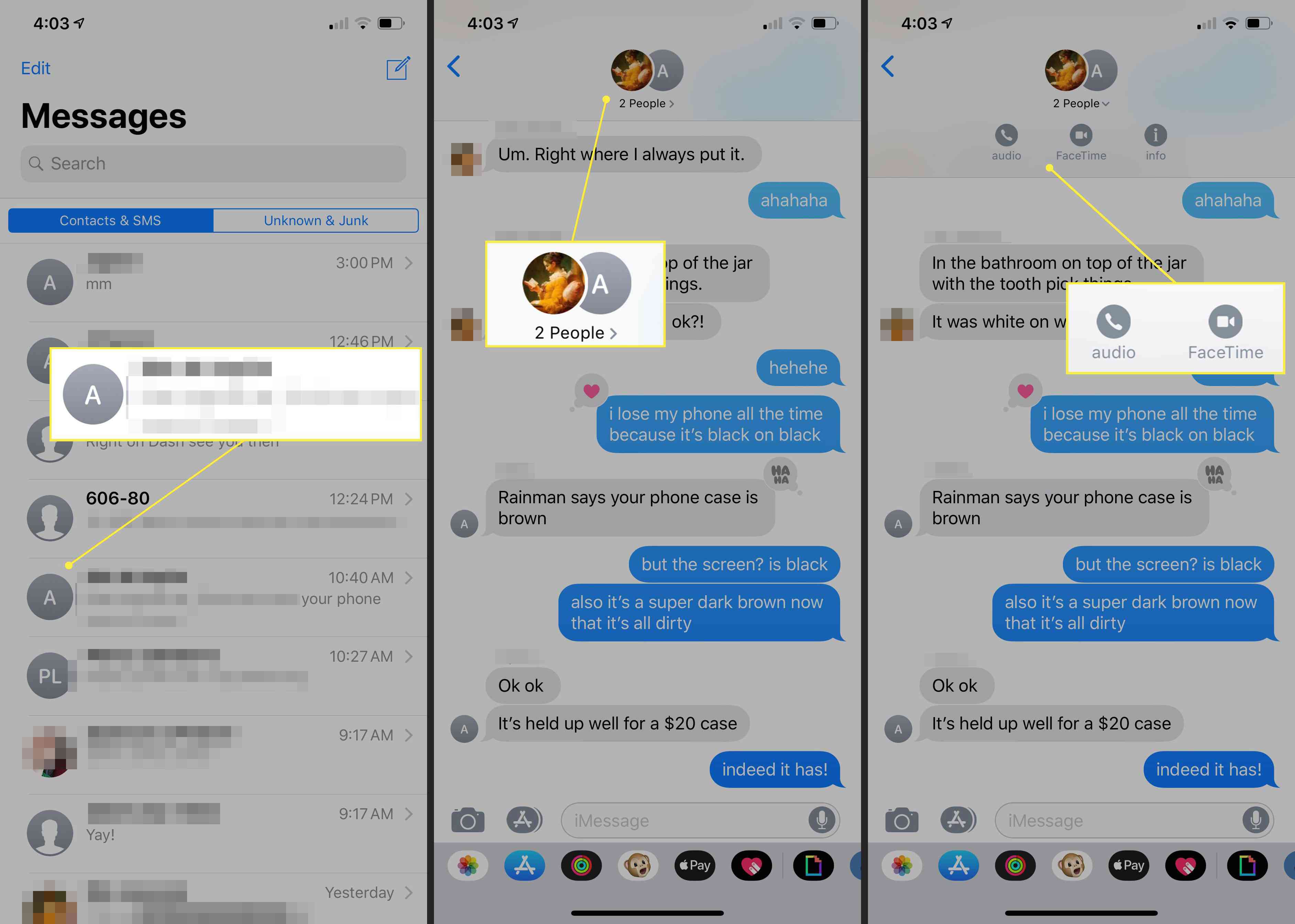 Um iPhone mostrando como iniciar uma chamada FaceTime por meio do aplicativo Mensagens