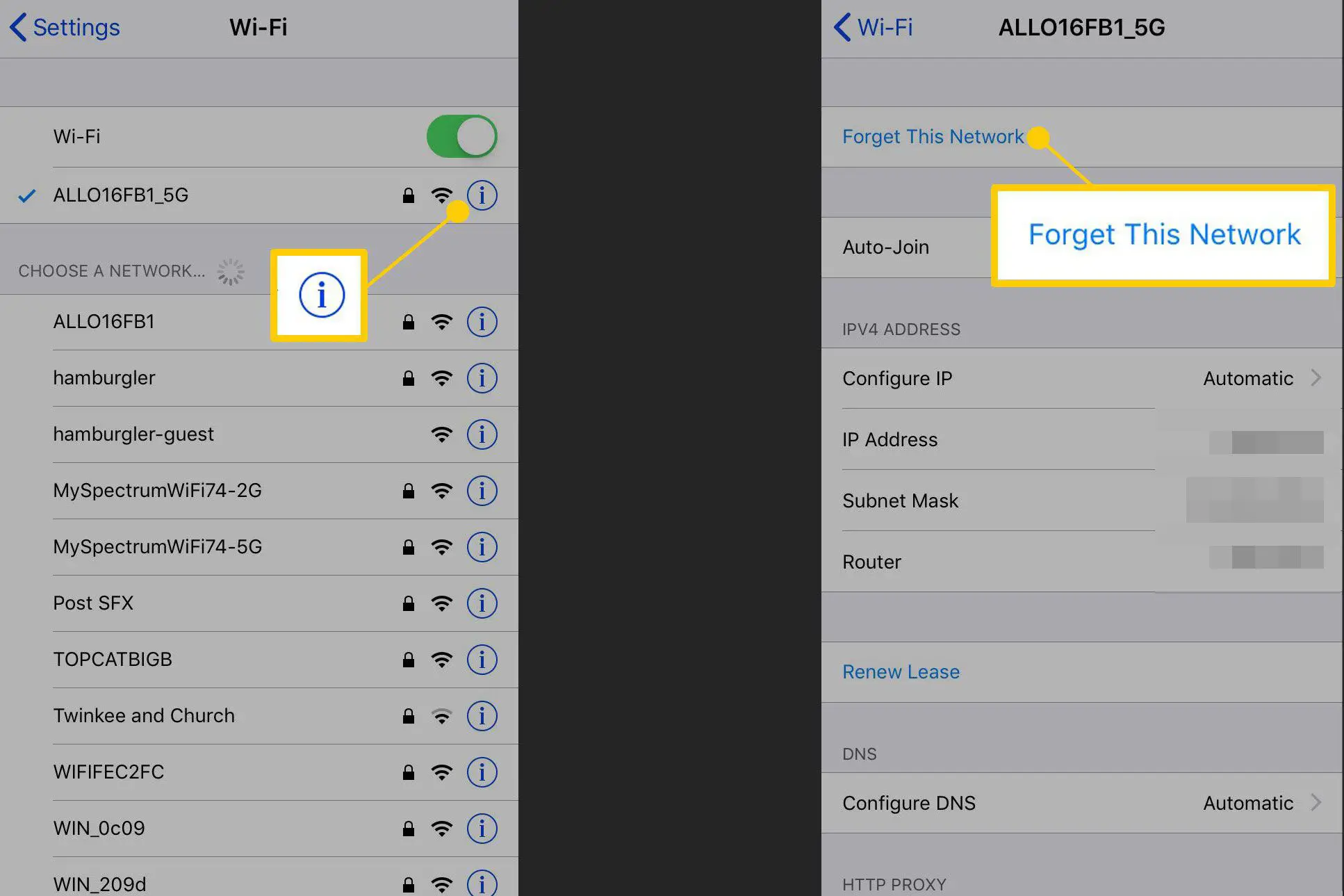 Capturas de tela de um iPhone mostrando o ícone de informação de Wi-Fi e o comando Forget This Network