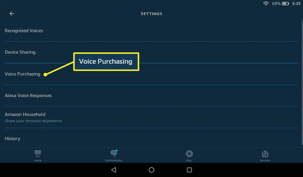 Configurações da conta Alexa com compra de voz em destaque