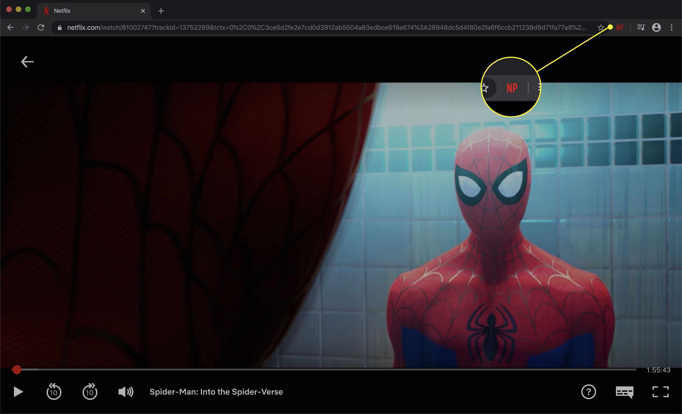 Uma captura de tela de um filme em exibição no Netflix com o ícone do Netflix Party em destaque