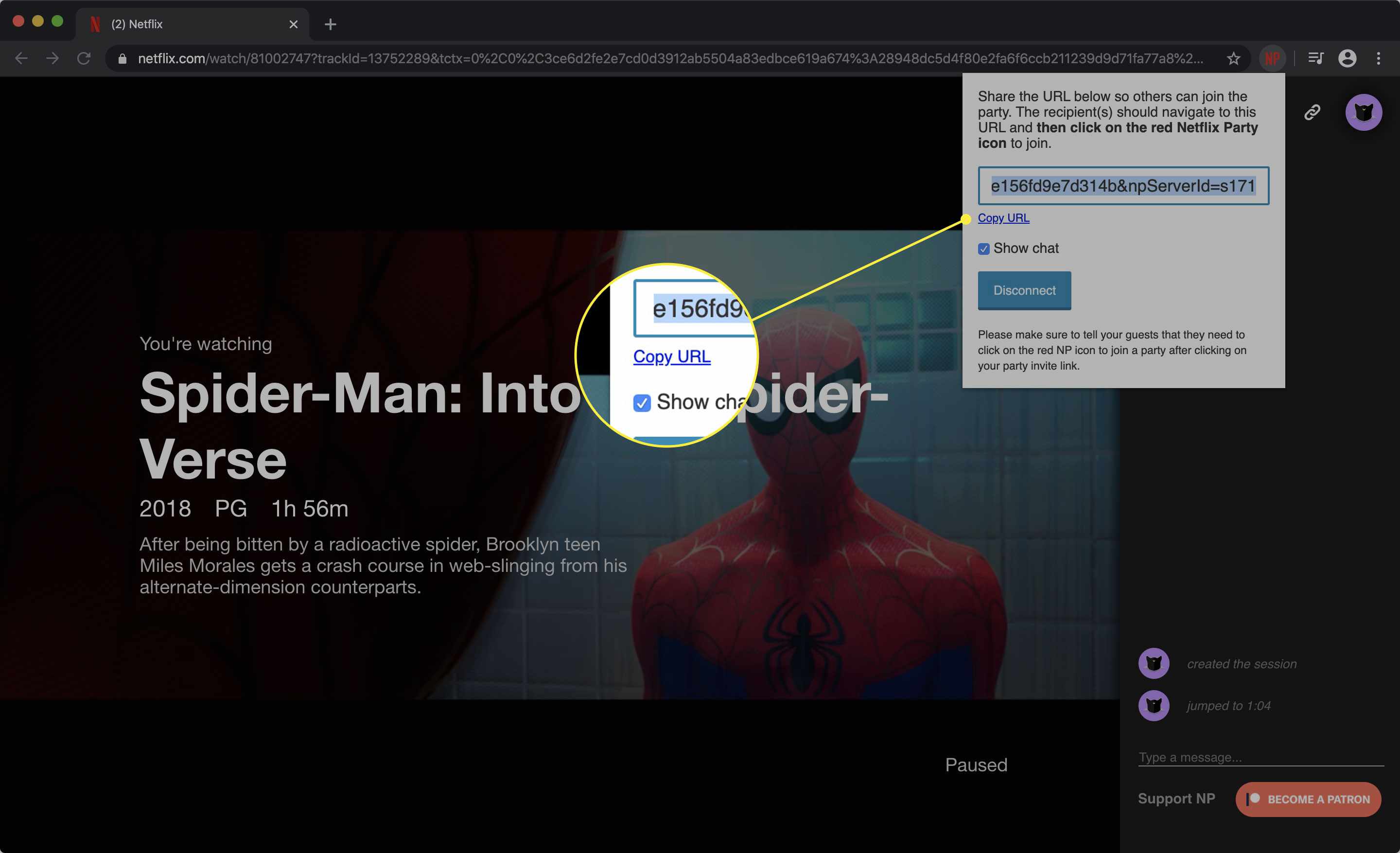 Uma captura de tela da interface do Netflix Party com o link Copiar URL destacado