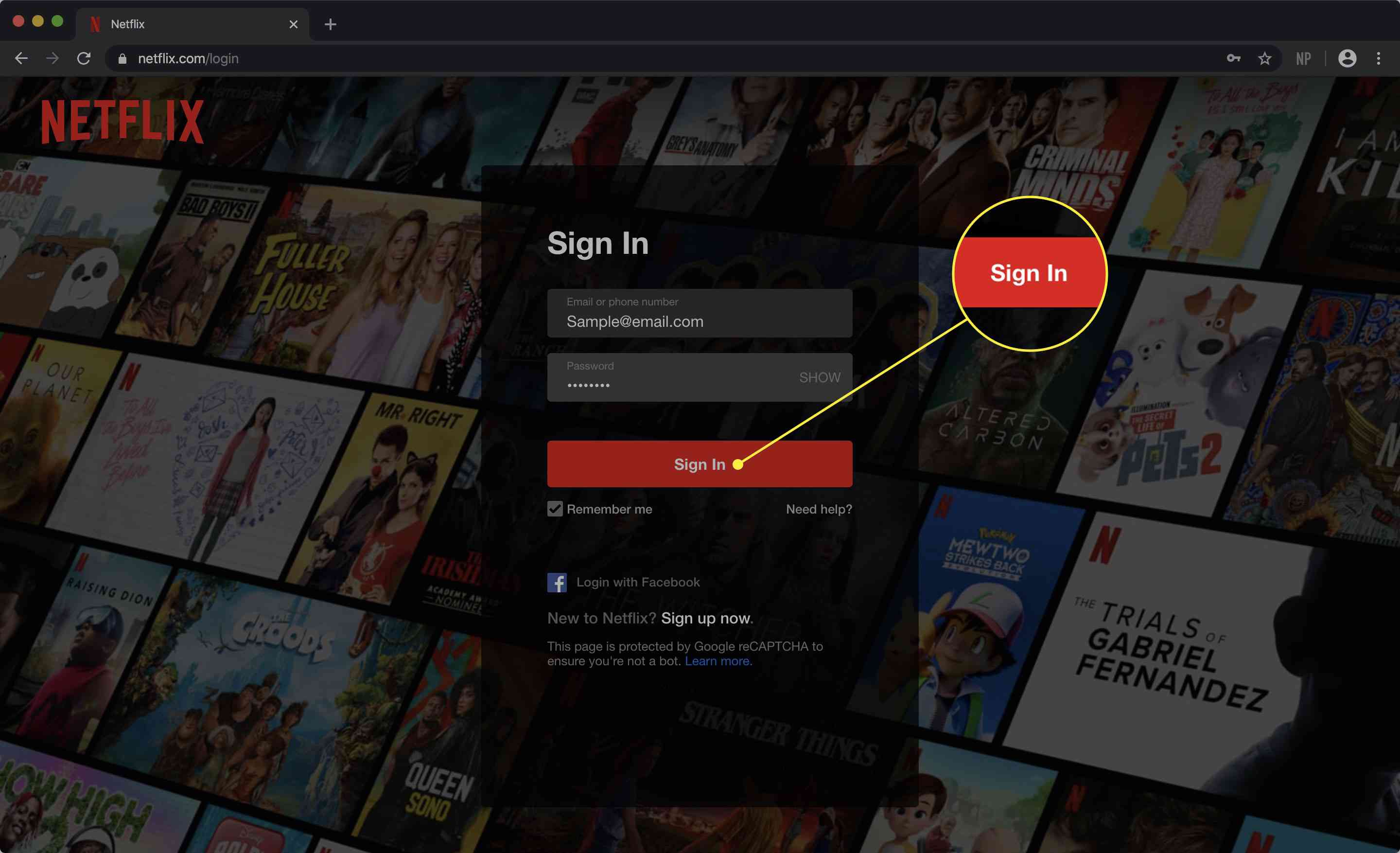 Uma captura de tela da página de login do Netflix com o botão Sign In destacado
